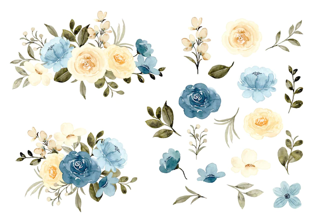 Free Vector | Watercolor blue yellow floral elements and arrangement collection