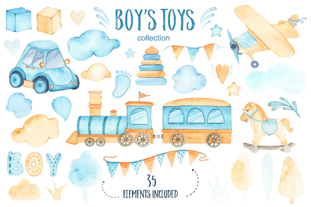 Free Vector | Watercolor boys toys baby shower set with car airplane train garland and trees clouds