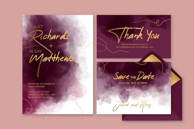 Free Vector | Watercolor burgundy and golden wedding stationery