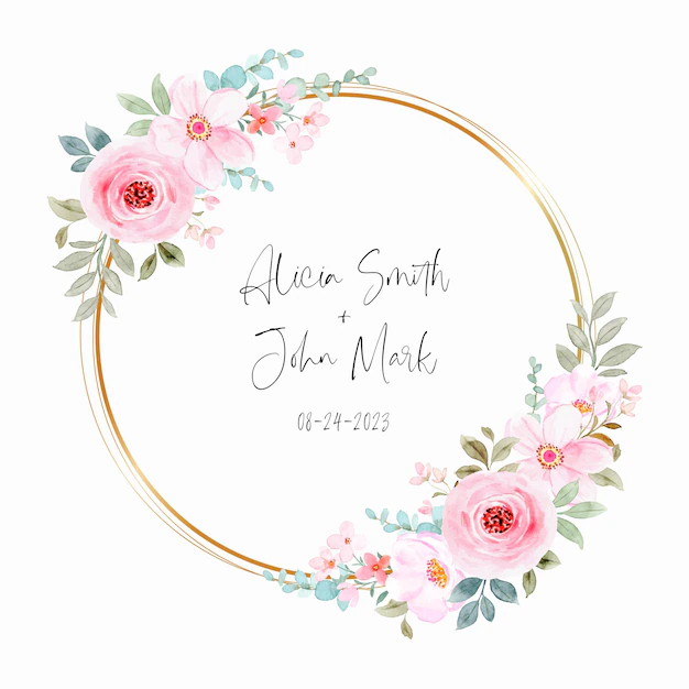 Free Vector | Watercolor pink floral wreath with golden circle
