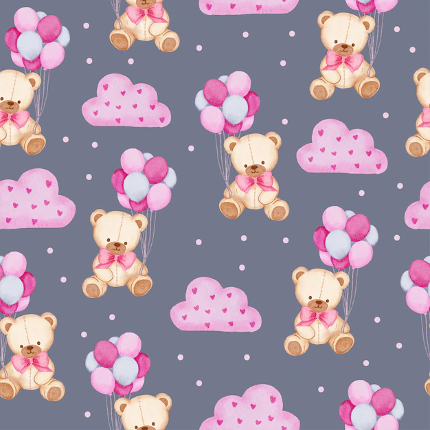 Free Vector | Watercolor seamless pattern with teddy bear holding balloon  and pink cloud, isolated watercolor valentine concept element lovely romantic for decoration, illustration.