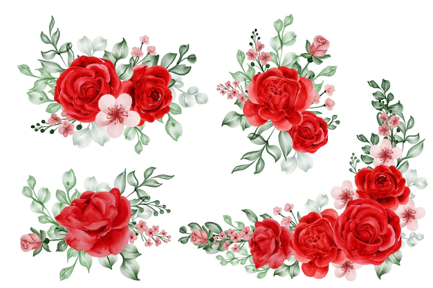 Free Vector | Watercolor set of flower arrangement freedom rose red and leaves
