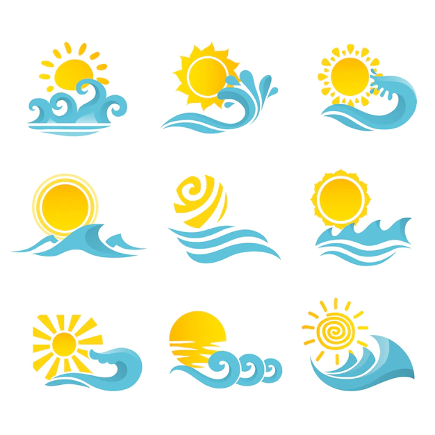 Free Vector | Waves flowing water sea ocean icons set with sun isolated vector illustration
