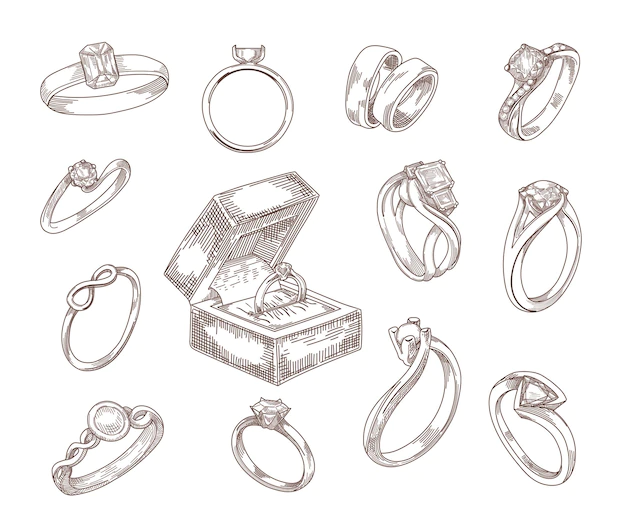 Free Vector | Wedding and engagement rings hand drawn sketches set. gold and silver proposal rings with luxury diamond, emerald gems in vintage engraved style. jewelry, accessories, love concept