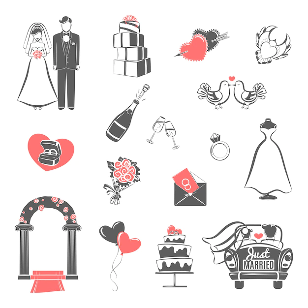Free Vector | Wedding concept black red icons set