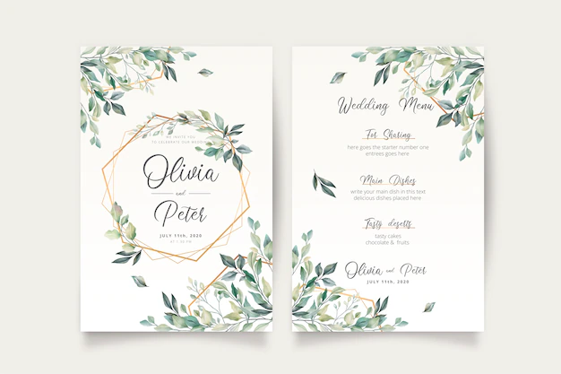 Free Vector | Wedding invitation and menu template with beautiful leaves