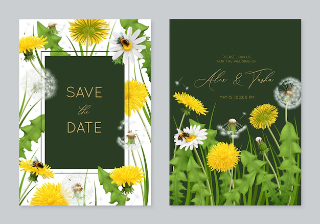 Free Vector | Wedding invitation card template with realistic dandelions and natural flowers with leaves