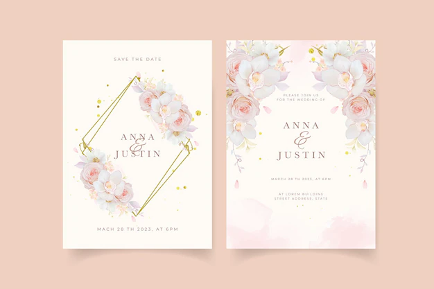 Free Vector | Wedding invitation with watercolor pink rose  orchid  and anemone flower