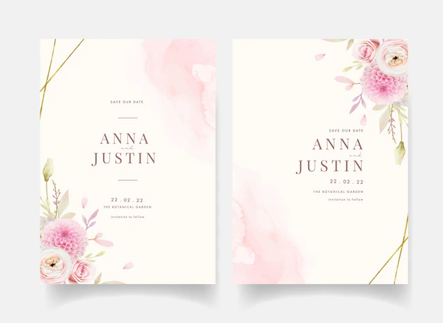 Free Vector | Wedding invitation with watercolor pink roses ranunculus and dahlia