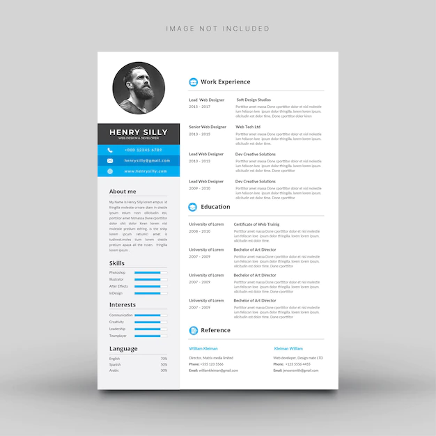 Free Vector | White cv template with blue and grey details.
