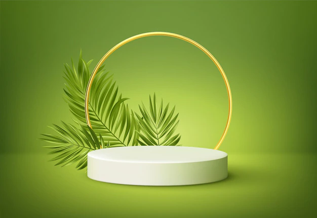 Free Vector | White product podium with green tropical palm leaves and golden round arch on green wall