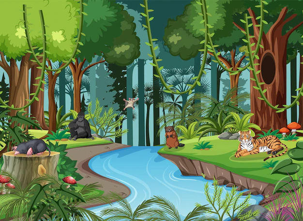 Free Vector | Wild animals cartoon characters in the forest scene
