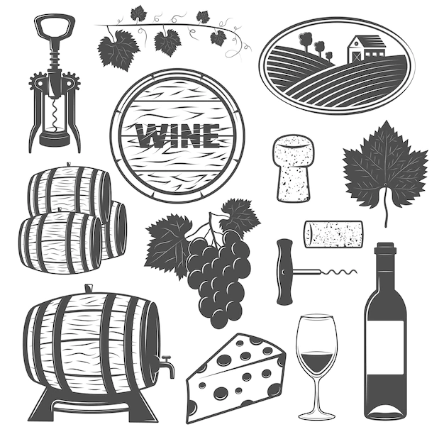 Free Vector | Wine monochrome objects set with vine wooden barrels bunch of grapes cheese signboard corkscrews isolated