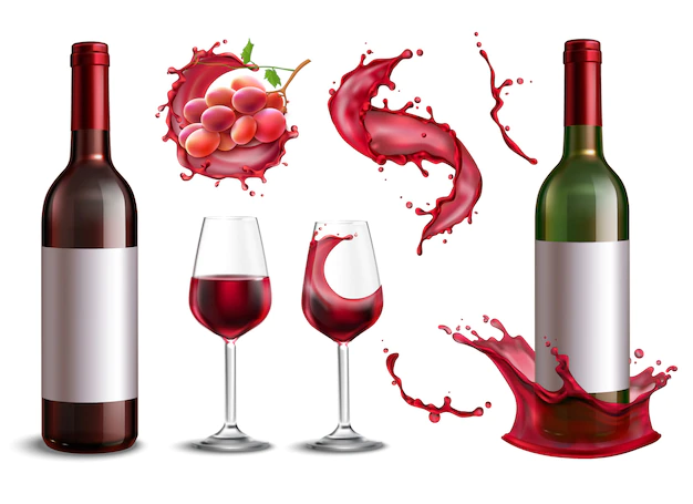 Free Vector | Wine splash collection with isolated realistic images of red wine bottles bunch of grapes and glasses illustration