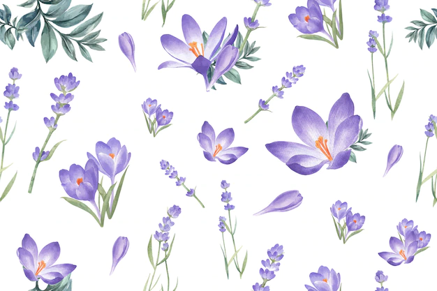 Free Vector | Winter bloom pattern with crocus, lavender
