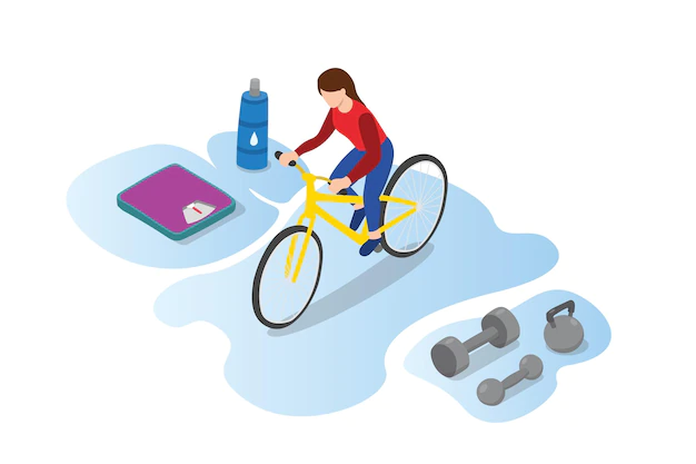 Free Vector | Woman riding a bike with some sports equipment with modern flat isometric style