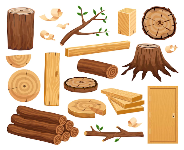 Free Vector | Wood industry raw material and production samples flat set with tree trunk logs planks door