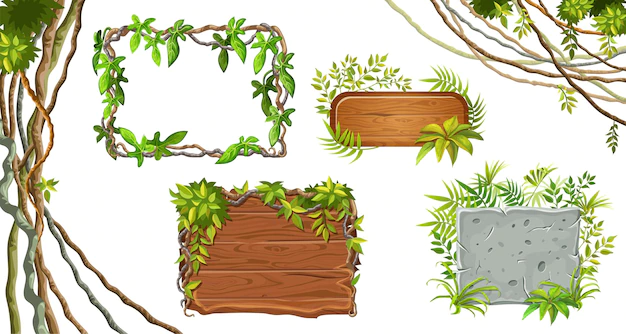 Free Vector | Wooden and stone boards. leaves liana.