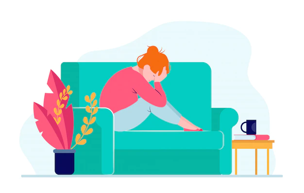 Free Vector | Young depressed woman sitting on sofa and holding head