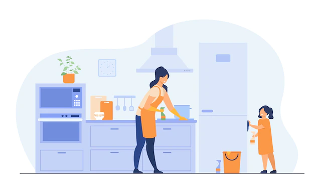 Free Vector | Young girl helping her mom to clean kitchen, dusting furniture, wiping fridge. vector illustration for family home activities, housework chores, household concept.