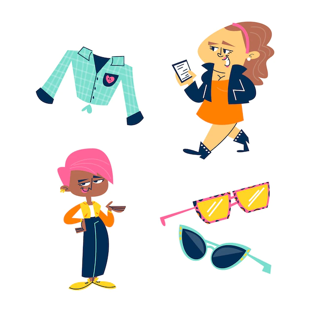 Free Vector | Retro cartoon women's fashion sticker set