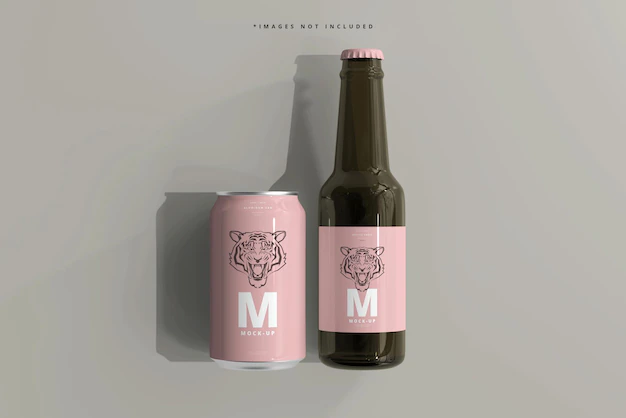 Free PSD | 330ml medium size soda or beer can and bottle mockup