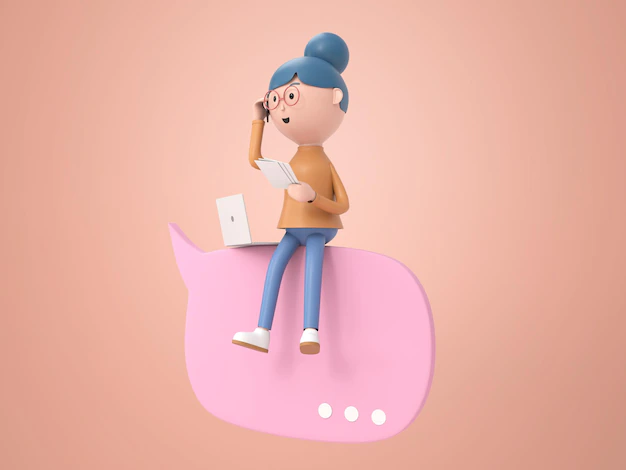 Free PSD | 3d cartoon woman sitting and thinking to solve tasks