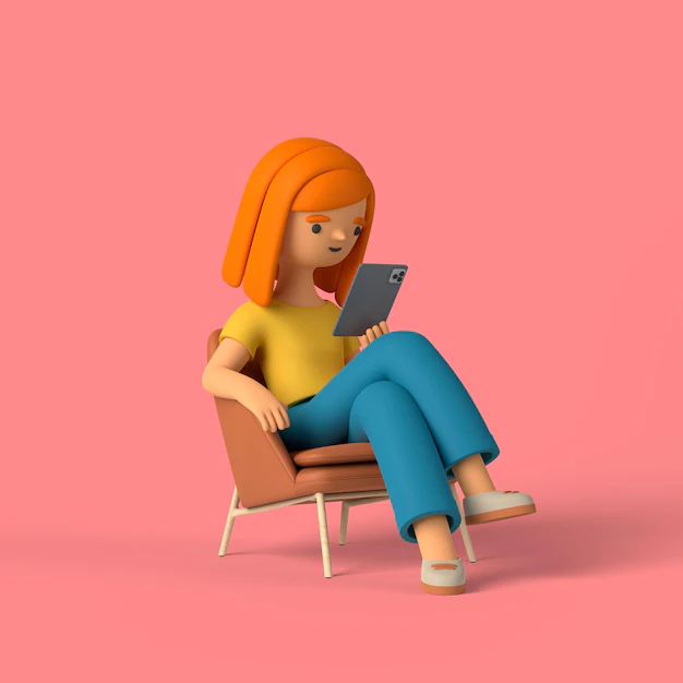 Free PSD | 3d girl character checking her phone while sitting