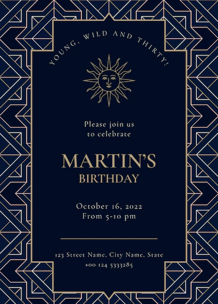 Free PSD | Birthday party invitation template psd with gold art deco style