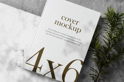 Free PSD | Clean minimal book 4x6 mockup on top marble with plant