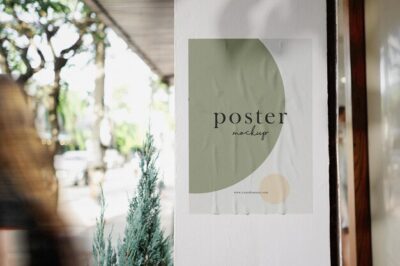 Free PSD | Clean minimal poster mockup on cafe background with people walking pass
