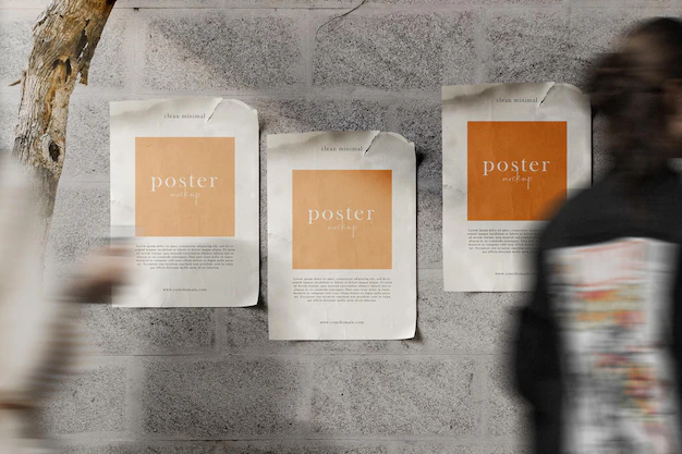Free PSD | Clean minimal poster mockup on the block wall with people walking background psd file