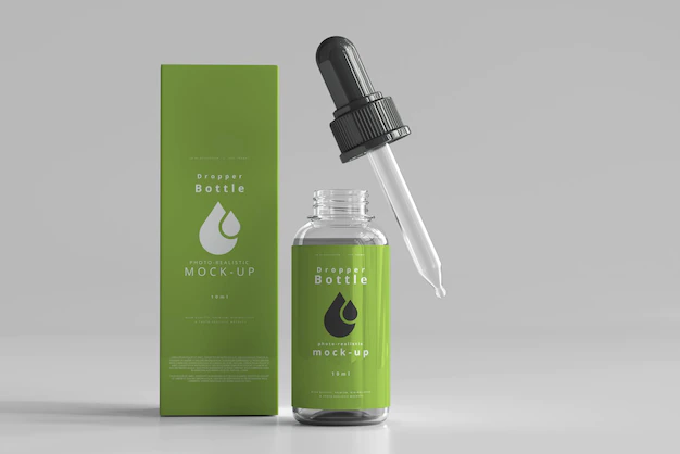Free PSD | Clear glass dropper bottle mockup with box