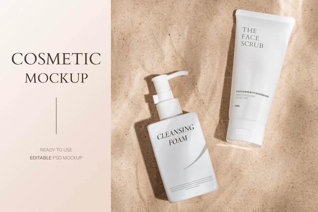 Free PSD | Cosmetic bottle mockup psd, product packaging for beauty and skincare set