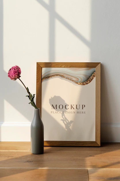 Free PSD | Dried pink peony flower in a gray vase by a wooden frame mockup