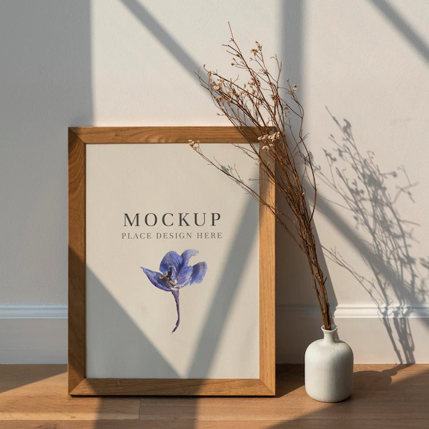 Free PSD | Dried white statice flower in a white vase by a wooden frame  mockup on a wooden floor