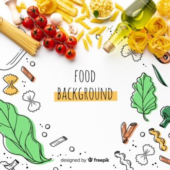 Free PSD | Flat lay uncooked pasta mix and tomatoes with hand drawn background