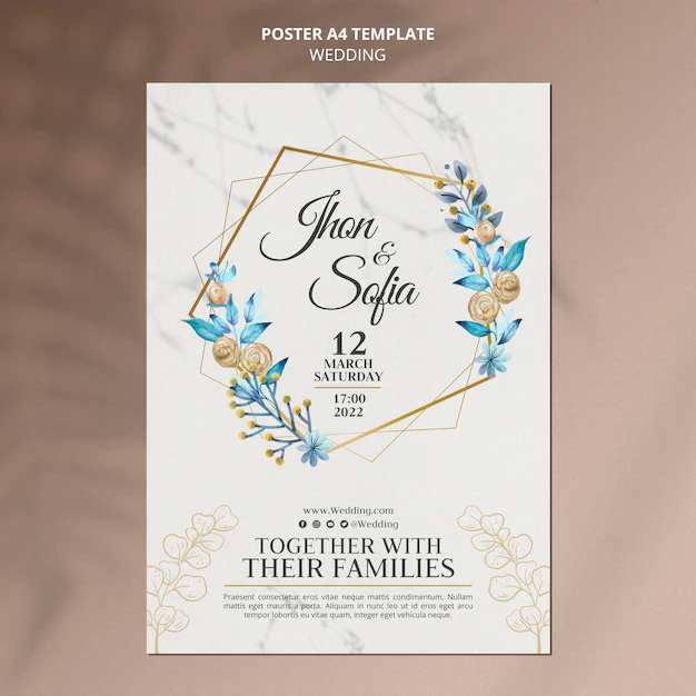 Free PSD | Floral golden wedding invitation poster template