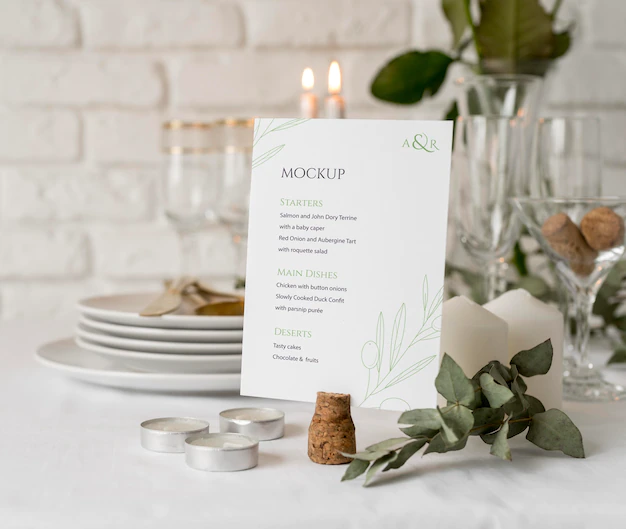 Free PSD | Front view of spring menu mock-up with flowers and candles