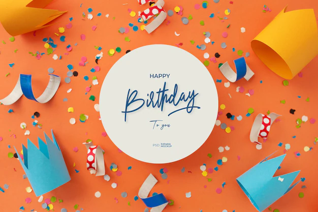 Free PSD | Happy birthday greeting card mockup with lettering and decoration, 3d rendering