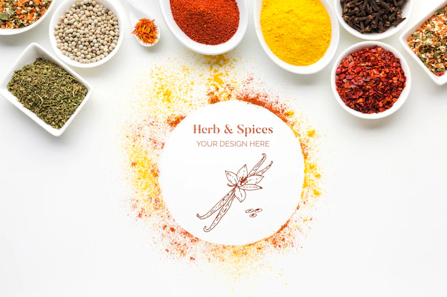 Free PSD | Herbs and spices mock-up with bowls top view