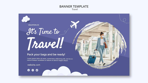 Free PSD | Horizontal banner template for travel with woman wearing face mask