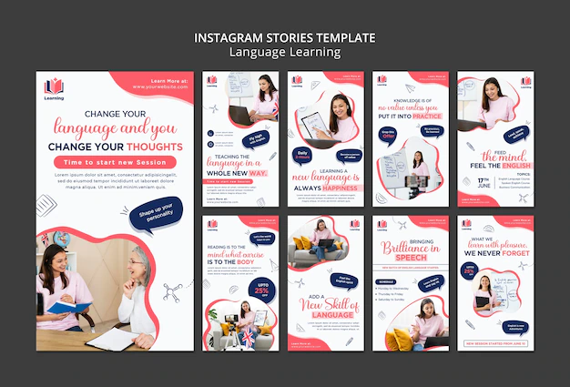 Free PSD | Language classes instagram stories collection with abstract design