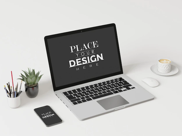 Free PSD | Laptop on desk in work space psd mockup