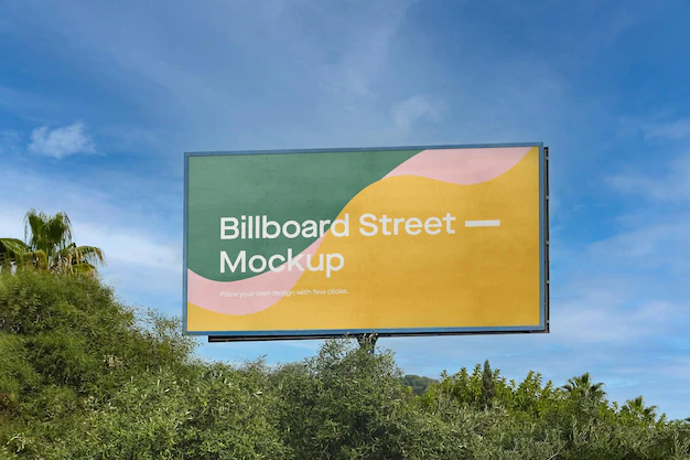 Free PSD | Large billboard mockup on blue sky with trees