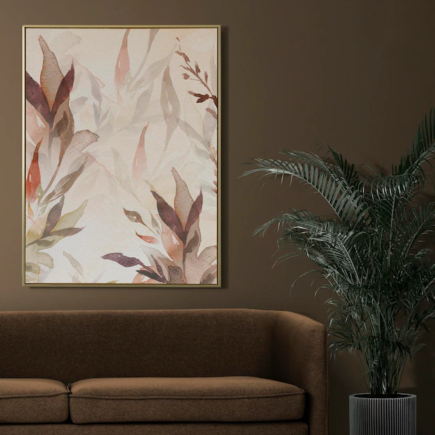 Free PSD | Minimal picture frame mockup psd floral painting hanging on the wall home decor