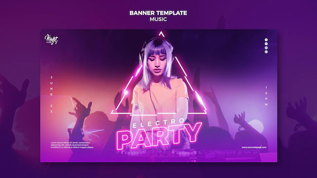 Free PSD | Neon horizontal banner template for electronic music with female dj