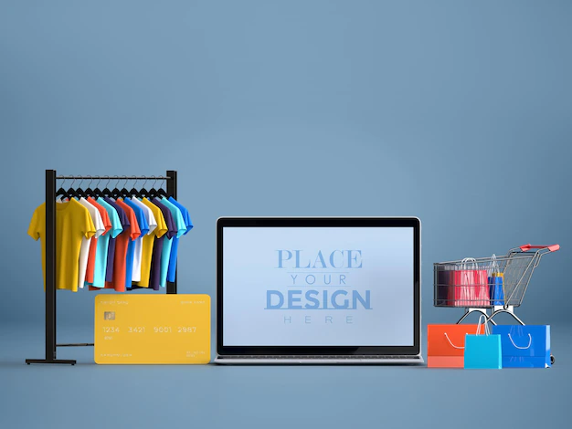 Free PSD | Online shopping with laptop mockup template and shopping elements