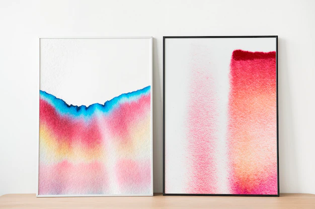 Free PSD | Picture frames mockup psd with chromatography art leaning against the wall
