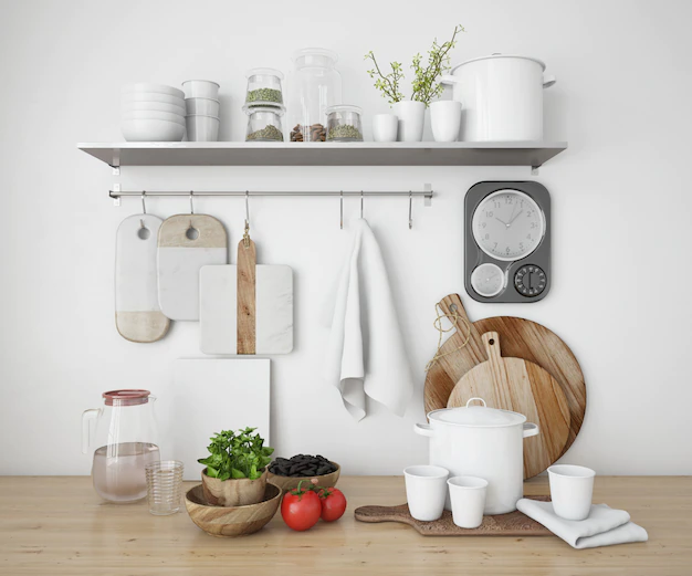 Free PSD | Realistic shelves in a kitchen with utensils